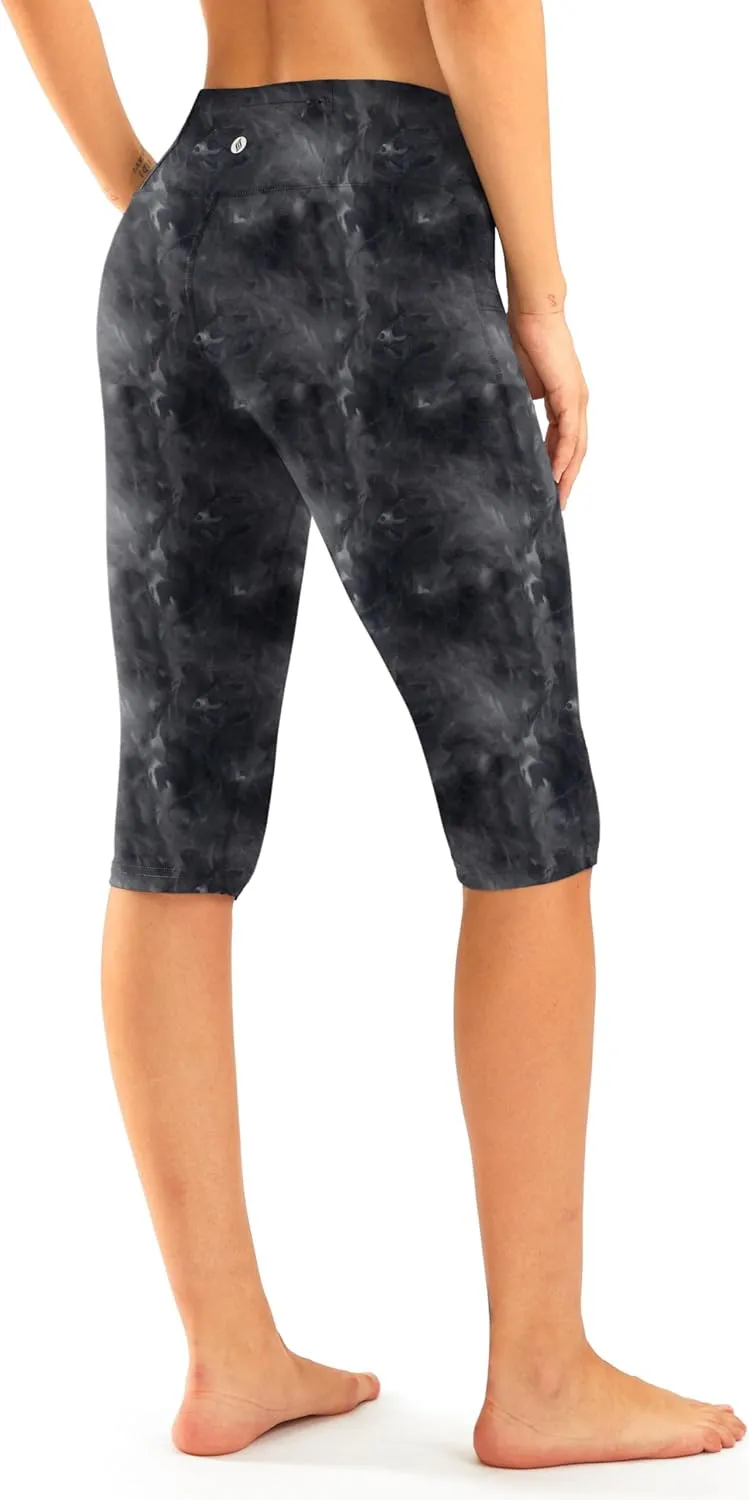 SANTINY Women's Knee Length Capri Leggings with Pockets High Waisted Workout Exercise Yoga Capris Pants for Women
