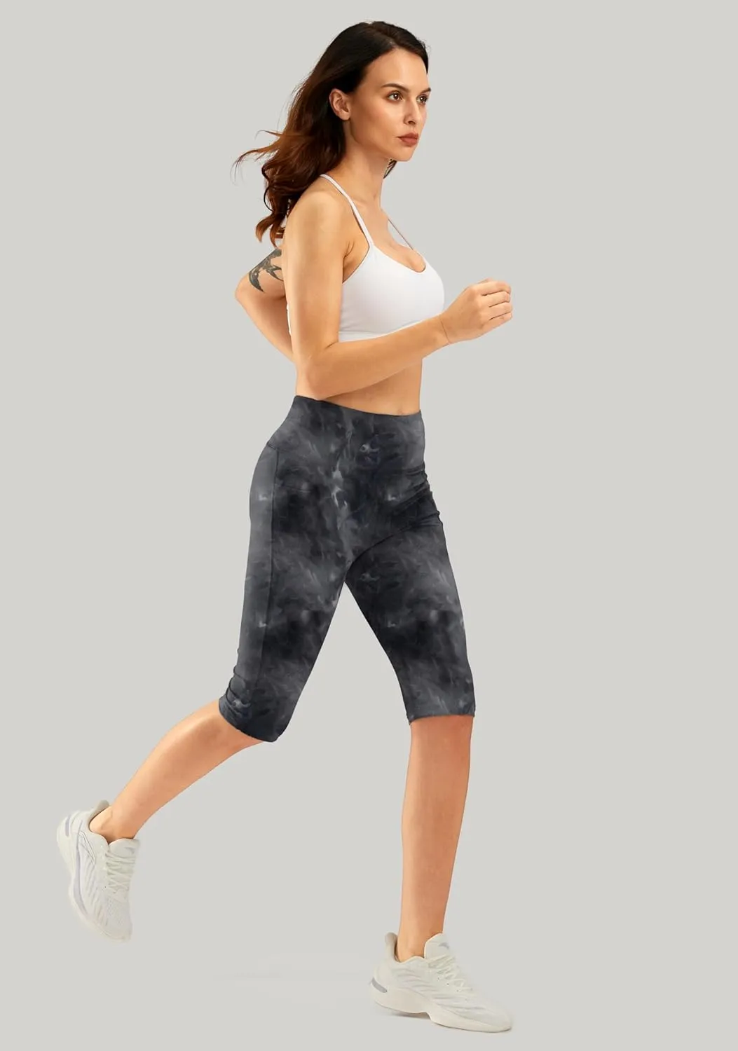 SANTINY Women's Knee Length Capri Leggings with Pockets High Waisted Workout Exercise Yoga Capris Pants for Women