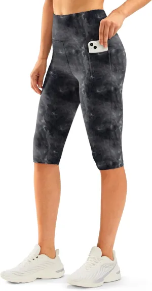 SANTINY Women's Knee Length Capri Leggings with Pockets High Waisted Workout Exercise Yoga Capris Pants for Women