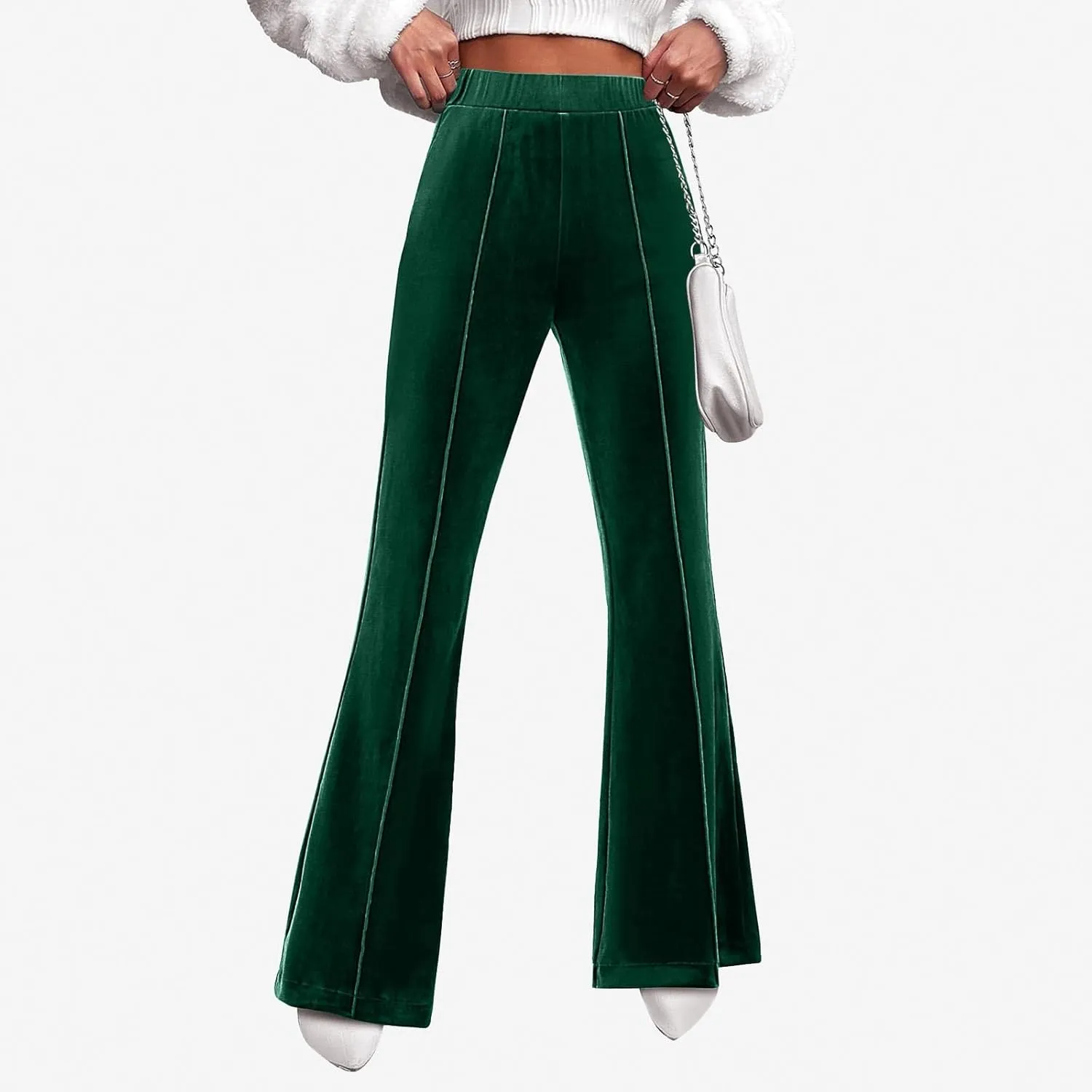 sdbrld Velvet Pants Women High Waisted Wide Leg Flare Elastic Waist Pull On Trousers Sparkle Pants
