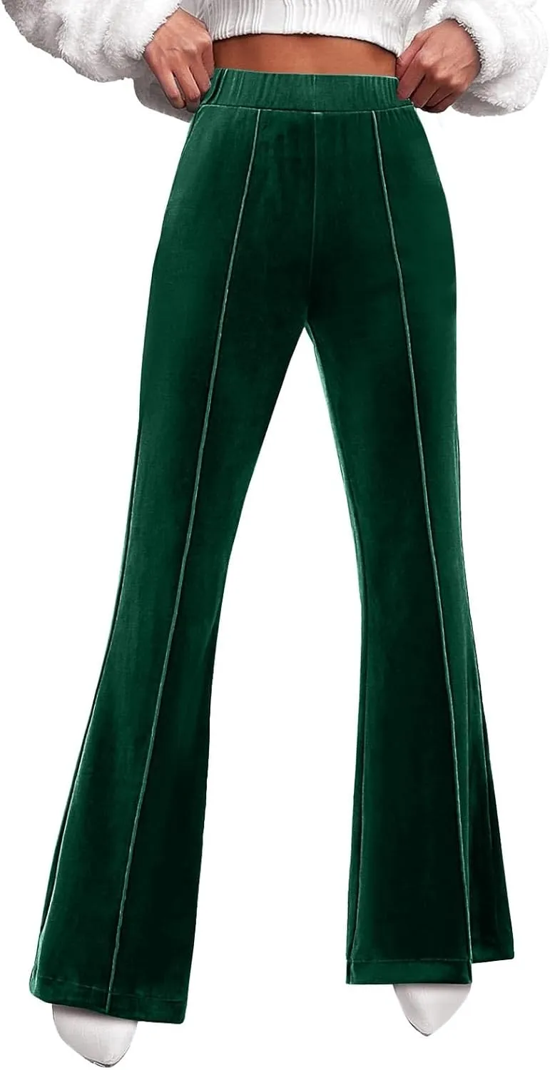 sdbrld Velvet Pants Women High Waisted Wide Leg Flare Elastic Waist Pull On Trousers Sparkle Pants