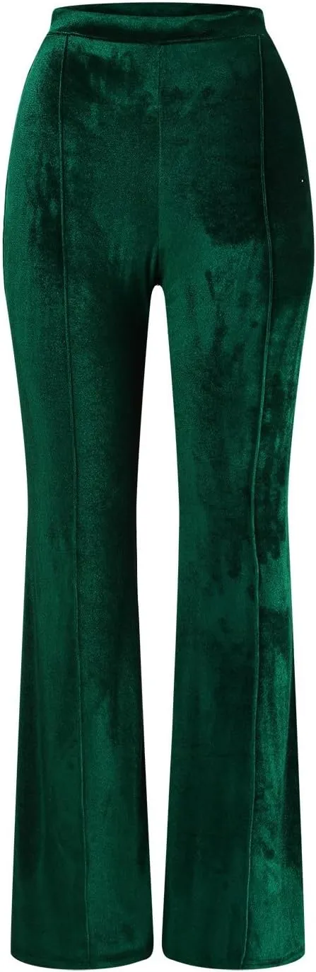 sdbrld Velvet Pants Women High Waisted Wide Leg Flare Elastic Waist Pull On Trousers Sparkle Pants