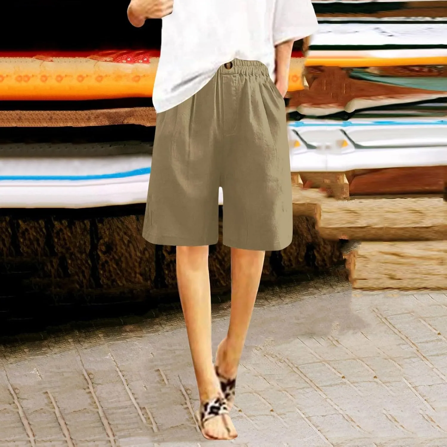 Shorts for Women 2024 Bermuda Shorts Casual Elastic High Waisted Wide Leg Shorts Knee Length Summer Shorts with Pockets