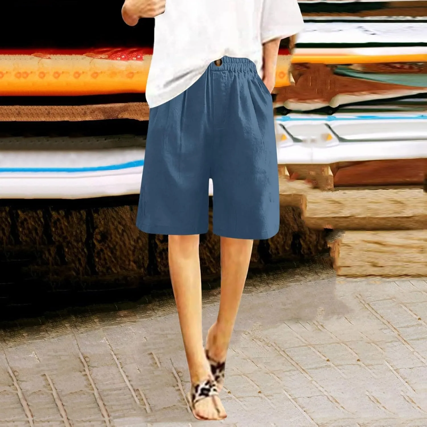 Shorts for Women 2024 Bermuda Shorts Casual Elastic High Waisted Wide Leg Shorts Knee Length Summer Shorts with Pockets