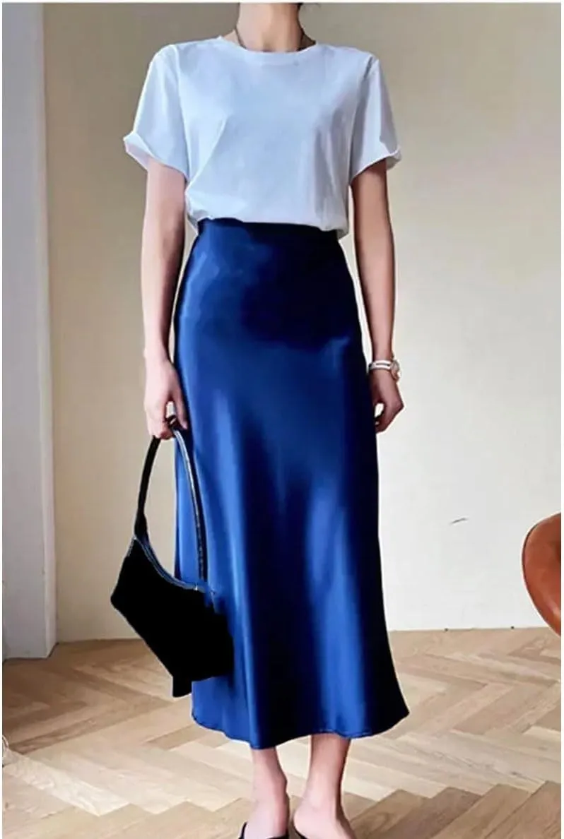 Silk Satin Skirts for Women Business Office High Waist A-Line Skirt Elegant Solid Long Pencil Skirts