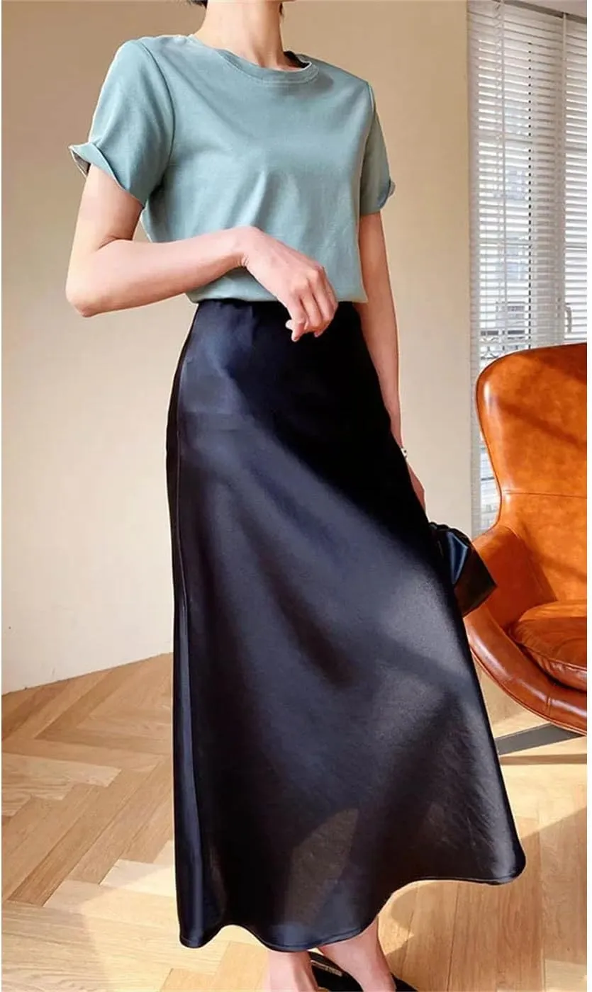 Silk Satin Skirts for Women Business Office High Waist A-Line Skirt Elegant Solid Long Pencil Skirts
