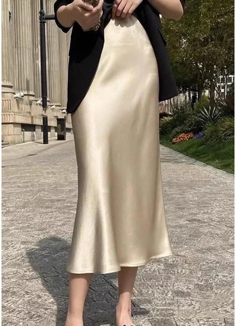 Silk Satin Skirts for Women Business Office High Waist A-Line Skirt Elegant Solid Long Pencil Skirts
