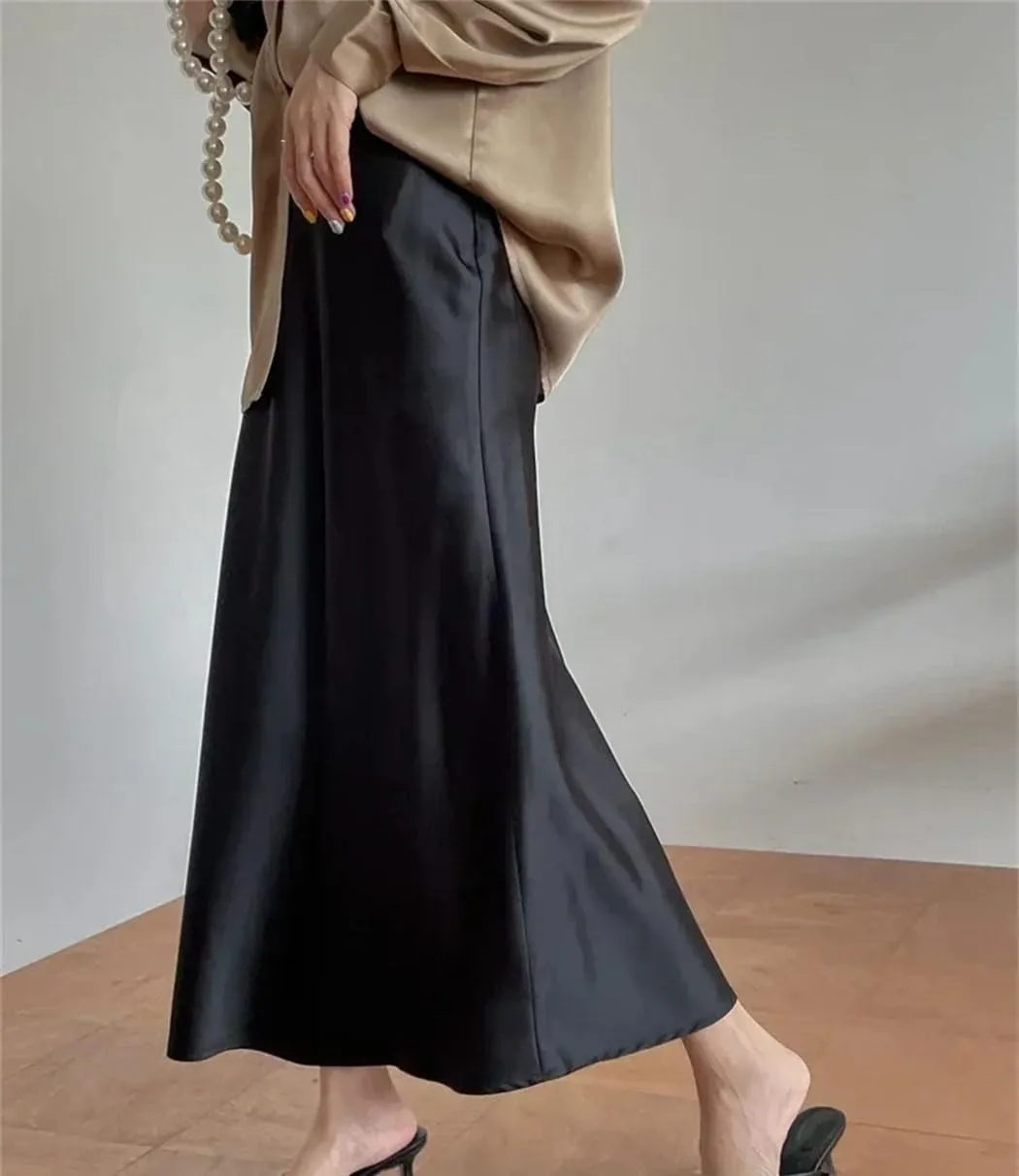 Silk Satin Skirts for Women Business Office High Waist A-Line Skirt Elegant Solid Long Pencil Skirts