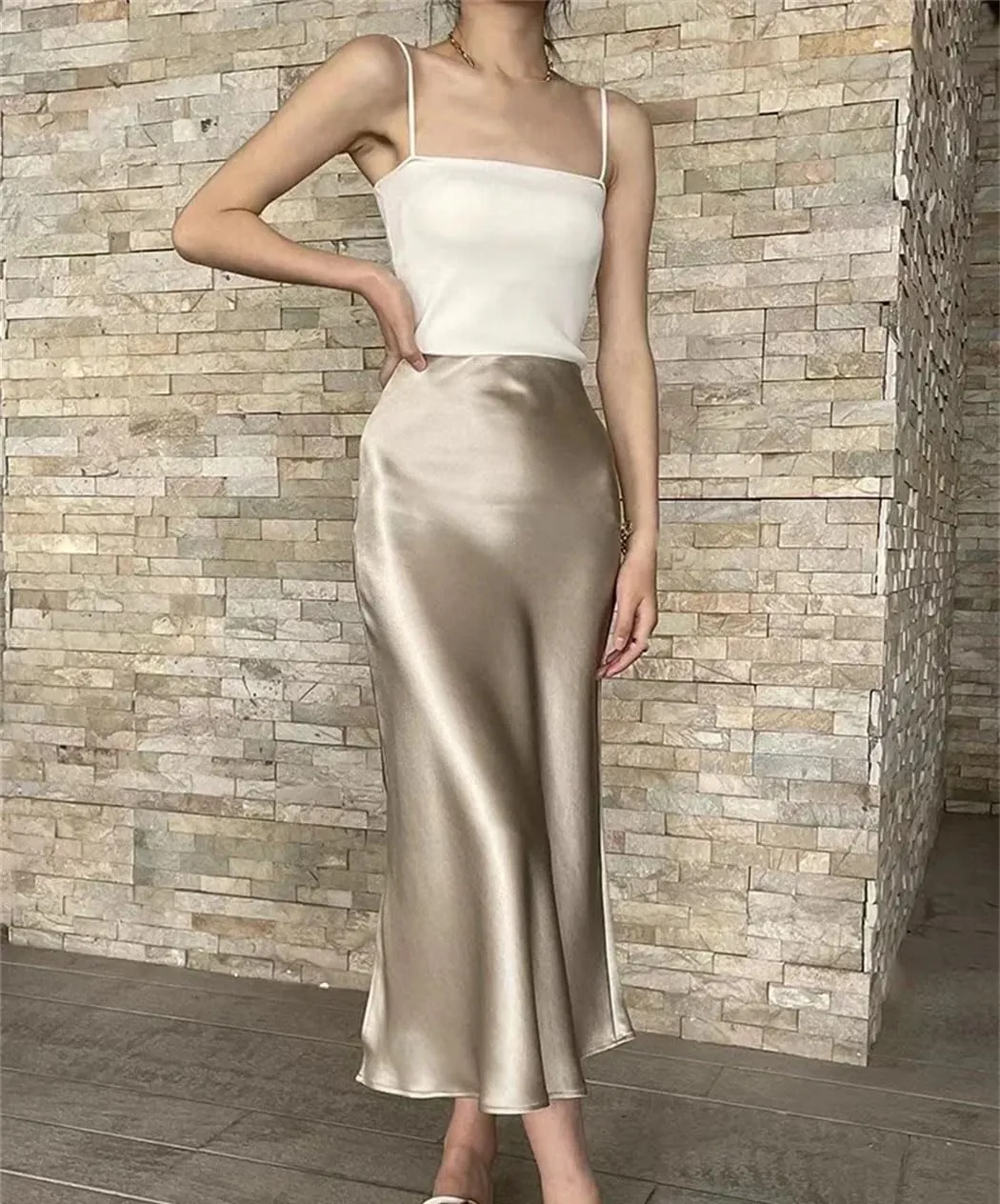 Silk Satin Skirts for Women Business Office High Waist A-Line Skirt Elegant Solid Long Pencil Skirts