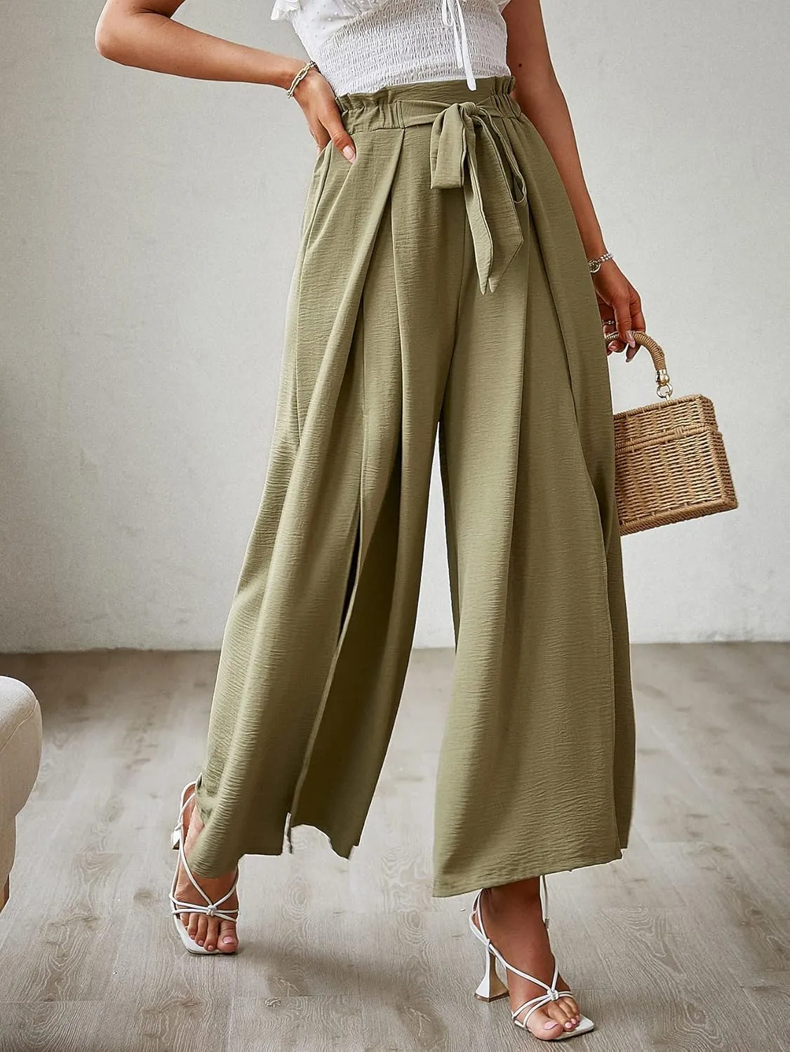 Simplee Women's Casual Split Wide Leg Pants High Waist Palazzo Flowy Beach Pants Summer Boho Lounge Pants with Pockets