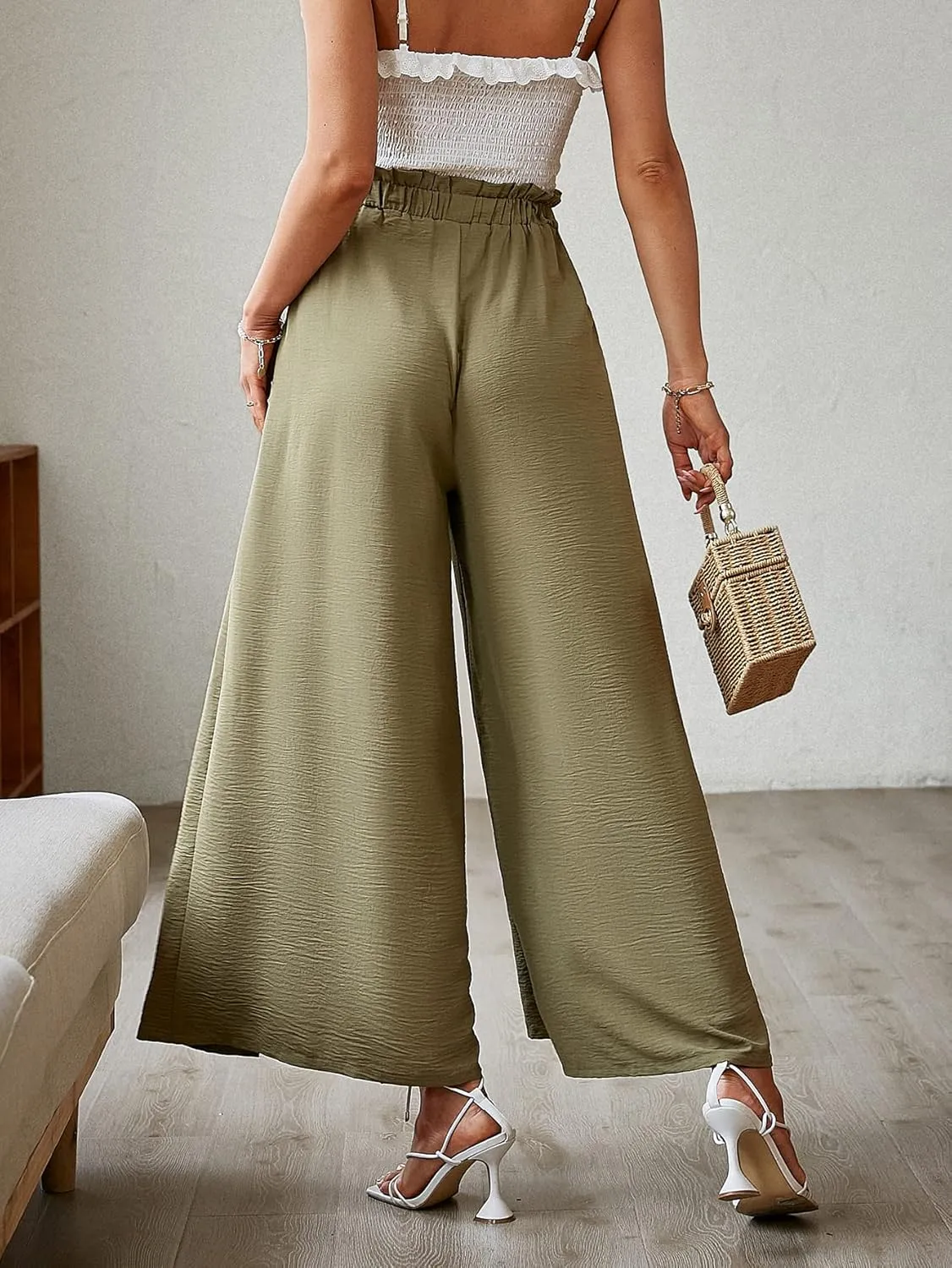 Simplee Women's Casual Split Wide Leg Pants High Waist Palazzo Flowy Beach Pants Summer Boho Lounge Pants with Pockets