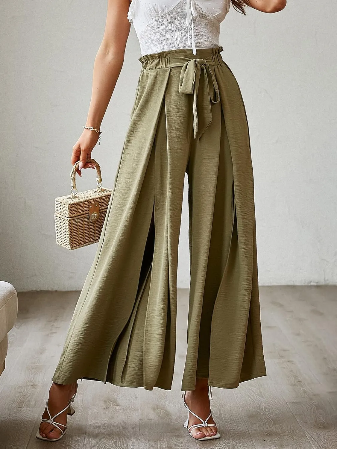 Simplee Women's Casual Split Wide Leg Pants High Waist Palazzo Flowy Beach Pants Summer Boho Lounge Pants with Pockets