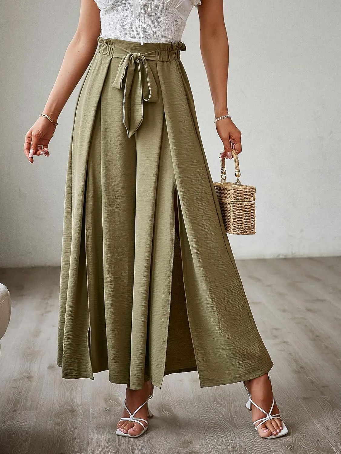 Simplee Women's Casual Split Wide Leg Pants High Waist Palazzo Flowy Beach Pants Summer Boho Lounge Pants with Pockets