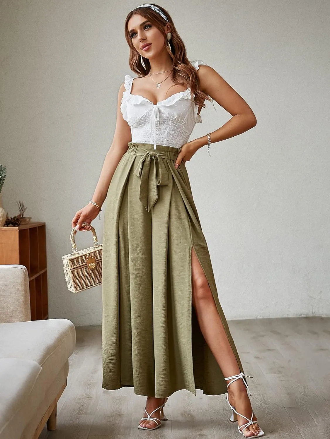 Simplee Women's Casual Split Wide Leg Pants High Waist Palazzo Flowy Beach Pants Summer Boho Lounge Pants with Pockets