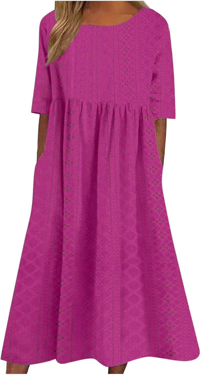 Sinzelimin Women Midi Dress Fashion Hollow Breathable Short Sleeves O-Neck Eyelet Mid-Calf Dress Summer Beach Casual Sundress