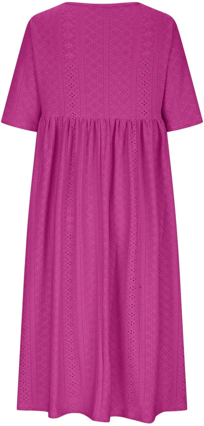 Sinzelimin Women Midi Dress Fashion Hollow Breathable Short Sleeves O-Neck Eyelet Mid-Calf Dress Summer Beach Casual Sundress
