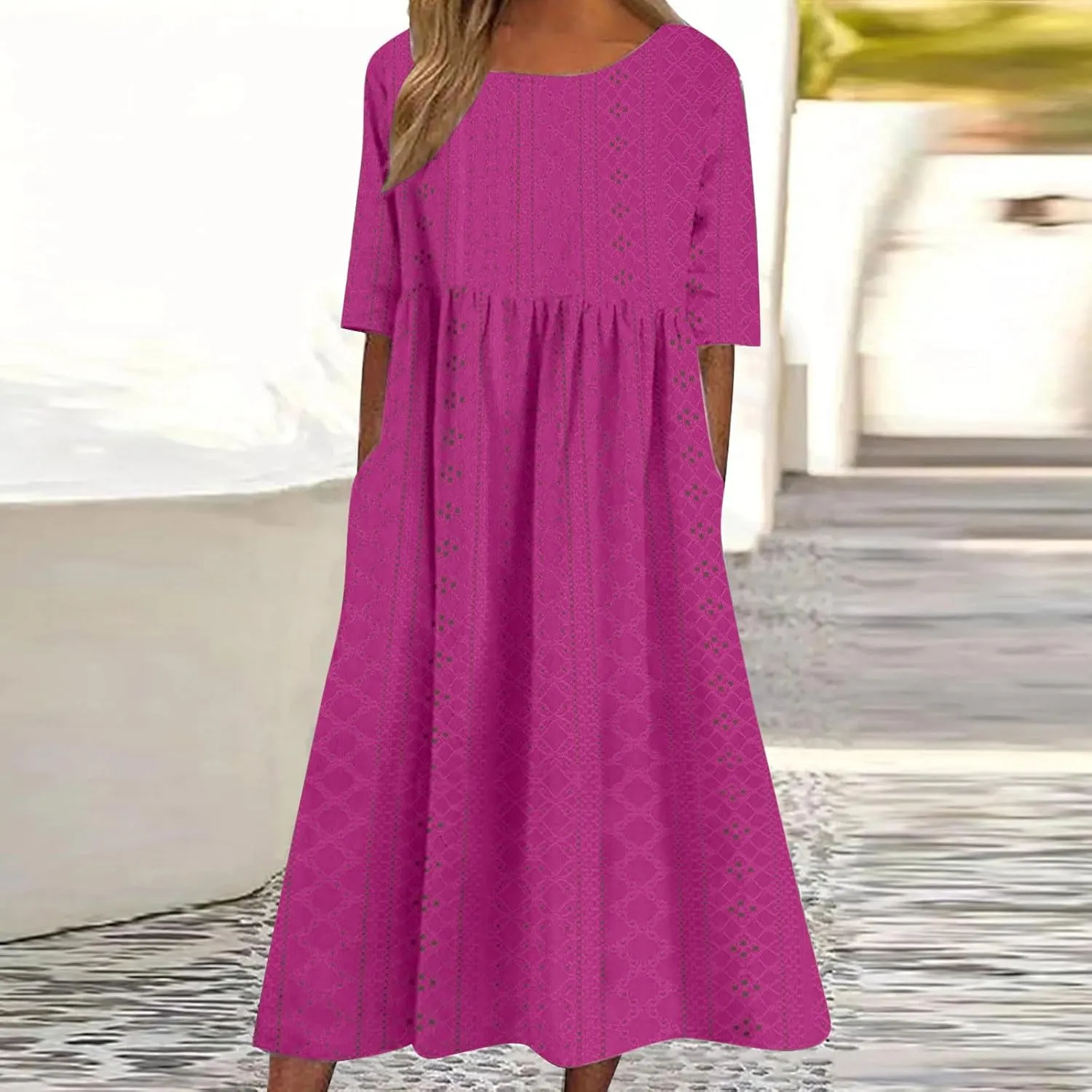 Sinzelimin Women Midi Dress Fashion Hollow Breathable Short Sleeves O-Neck Eyelet Mid-Calf Dress Summer Beach Casual Sundress