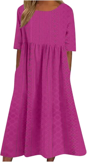 Sinzelimin Women Midi Dress Fashion Hollow Breathable Short Sleeves O-Neck Eyelet Mid-Calf Dress Summer Beach Casual Sundress