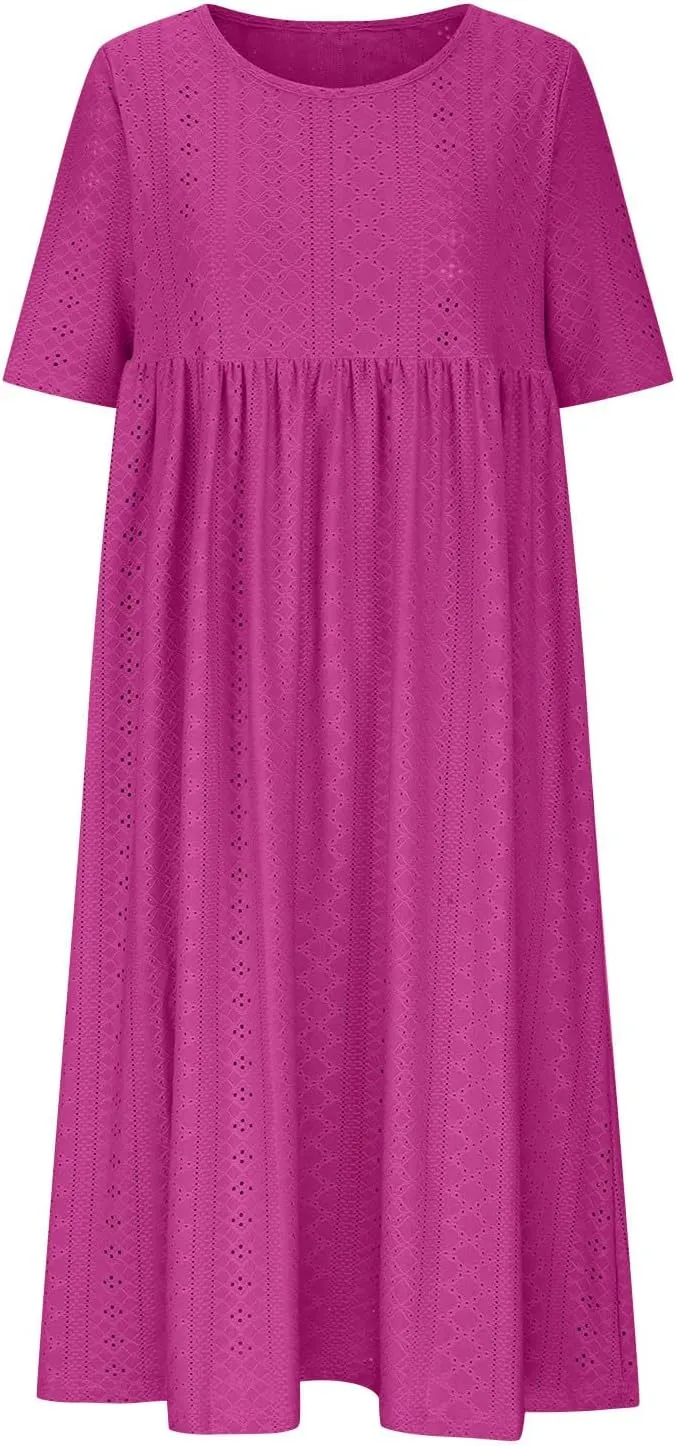 Sinzelimin Women Midi Dress Fashion Hollow Breathable Short Sleeves O-Neck Eyelet Mid-Calf Dress Summer Beach Casual Sundress