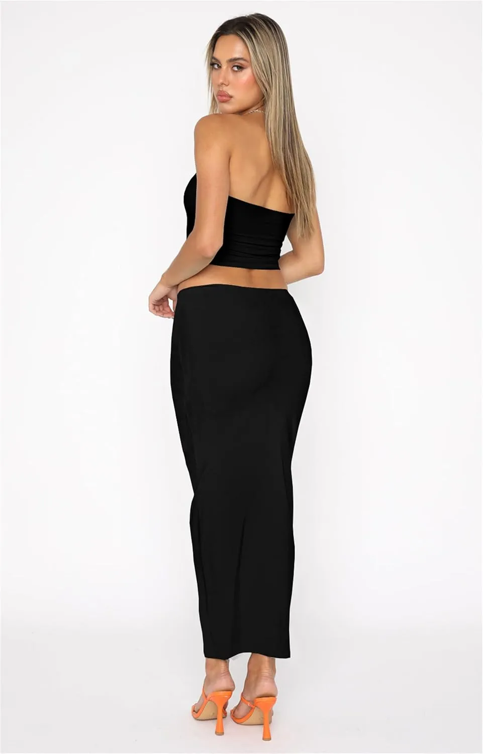 Skirt Sets Women 2 Piece Outfits - Sexy Two Pc Sleeveless Strapless Tube Crop Top Bodycon Midi Skirts Set