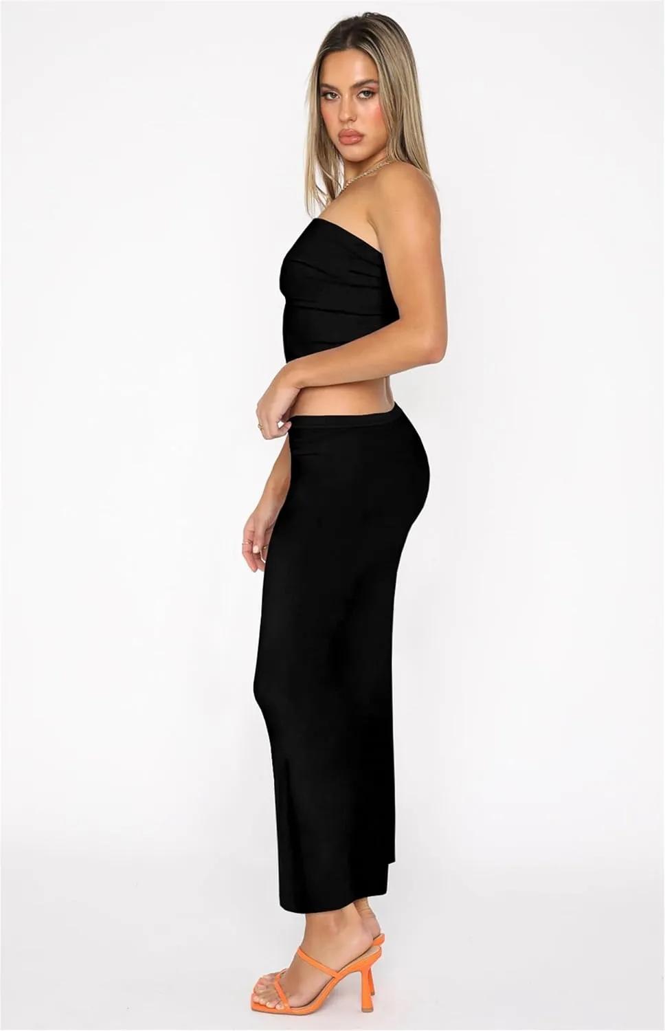 Skirt Sets Women 2 Piece Outfits - Sexy Two Pc Sleeveless Strapless Tube Crop Top Bodycon Midi Skirts Set