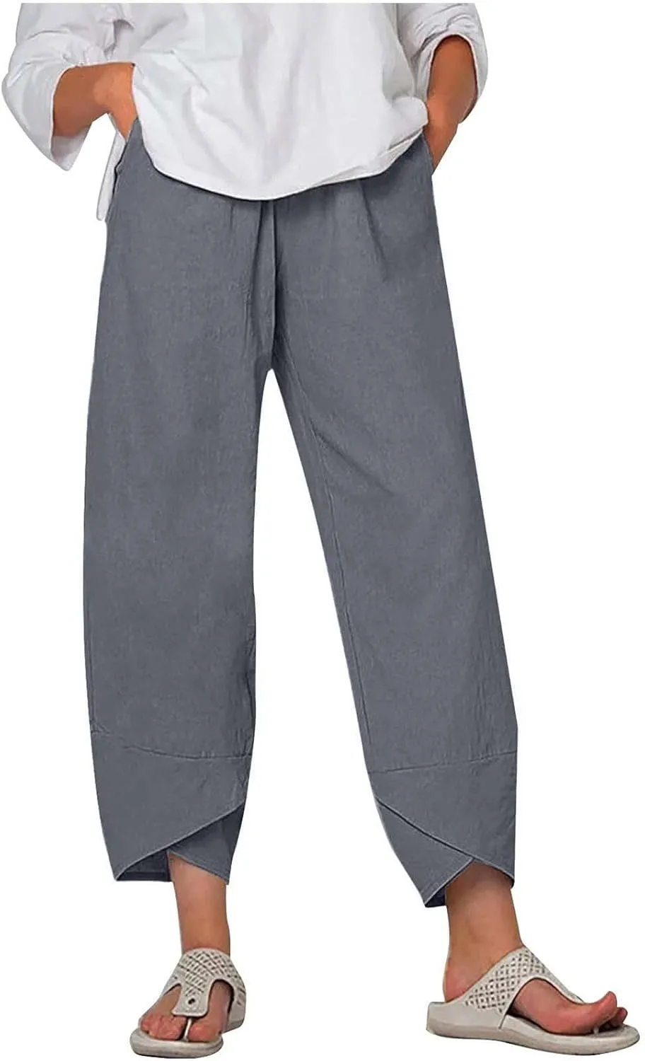 SMIDOW Capri Pants for Women Cotton Linen Wide Leg Capris Casual Summer Cropped Pants Beach Elastic Waist Baggy Crop Trousers