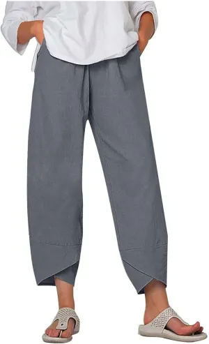SMIDOW Capri Pants for Women Cotton Linen Wide Leg Capris Casual Summer Cropped Pants Beach Elastic Waist Baggy Crop Trousers