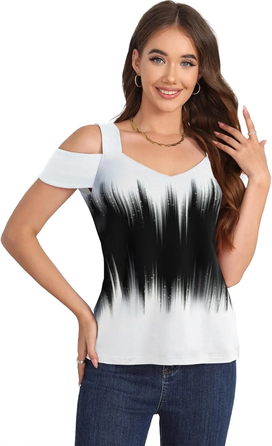 Soesdemo Summer Tops Womens Tunic Top Short Sleeve Cold Shoulder V Neck Loose Fit Basic Tee Casual Tops Shirts Blouse