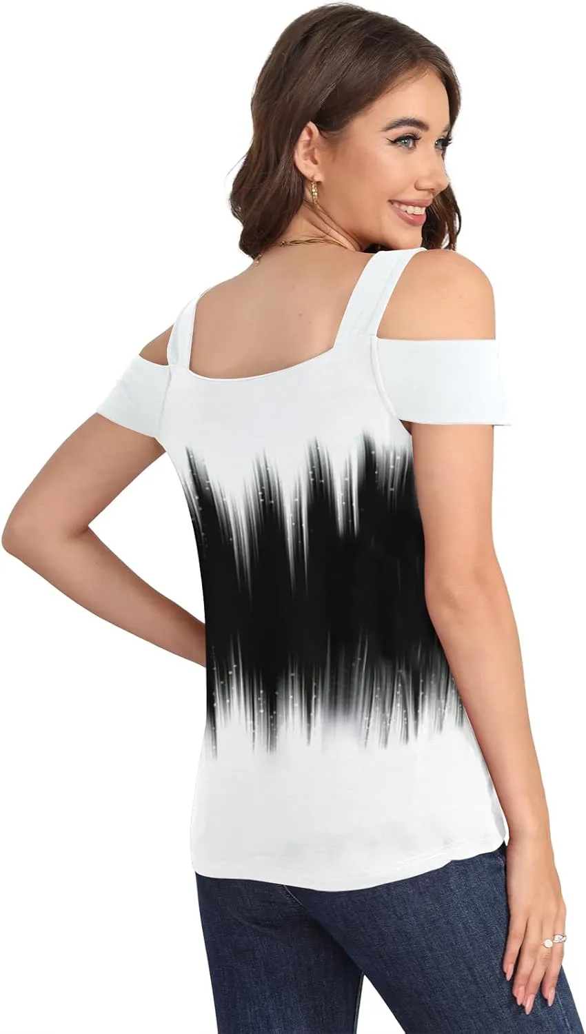 Soesdemo Summer Tops Womens Tunic Top Short Sleeve Cold Shoulder V Neck Loose Fit Basic Tee Casual Tops Shirts Blouse