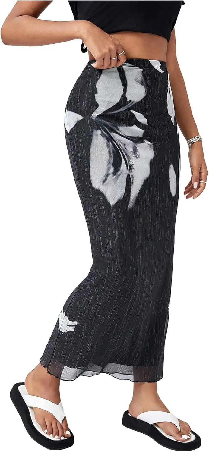 SOLY HUX Women's Summer Mesh Print Bodycon Long Skirts High Waist Beach Midi Skirt