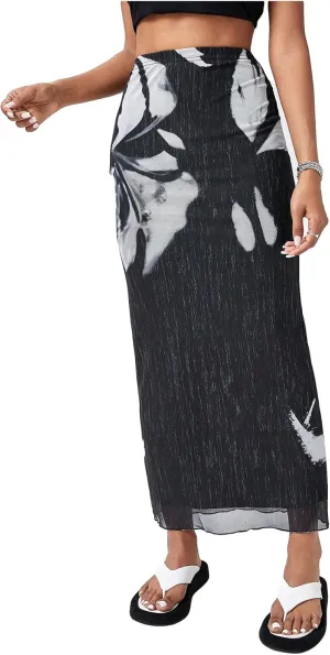 SOLY HUX Women's Summer Mesh Print Bodycon Long Skirts High Waist Beach Midi Skirt