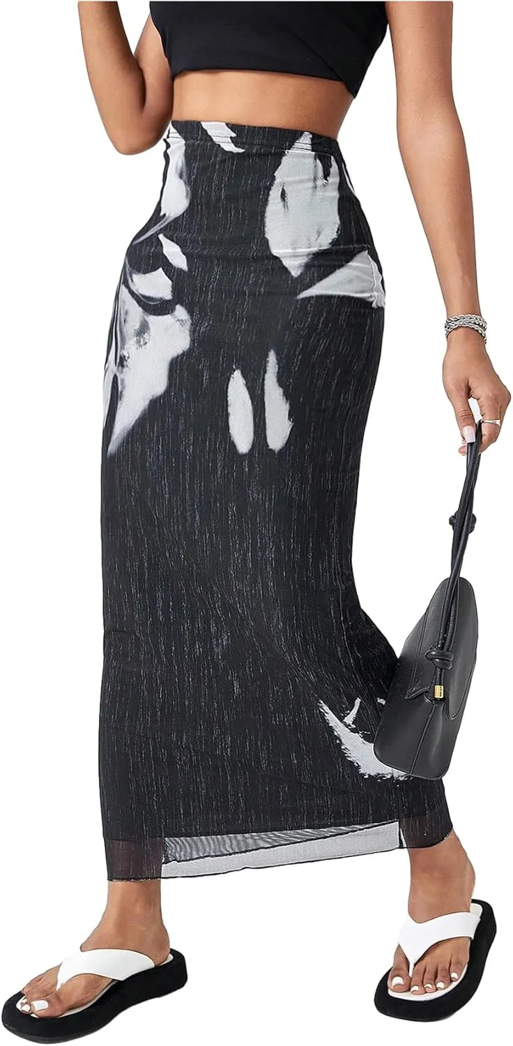 SOLY HUX Women's Summer Mesh Print Bodycon Long Skirts High Waist Beach Midi Skirt