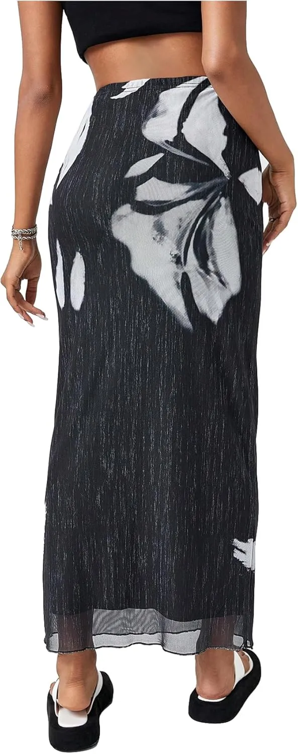 SOLY HUX Women's Summer Mesh Print Bodycon Long Skirts High Waist Beach Midi Skirt