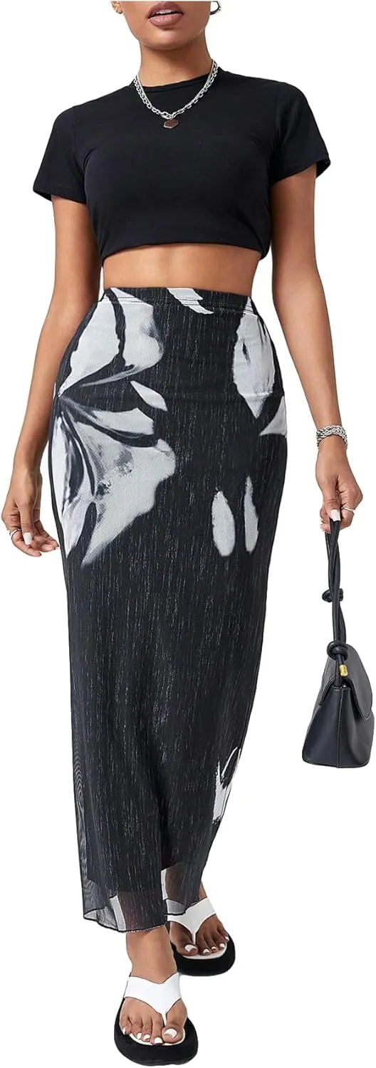 SOLY HUX Women's Summer Mesh Print Bodycon Long Skirts High Waist Beach Midi Skirt