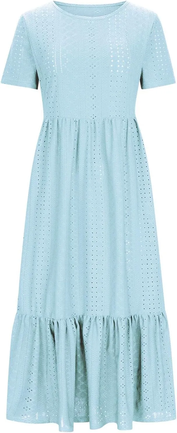 Spring Dresses for Women 2024 Trendy Short Sleeve Crewneck Flowy Tiered Midi Dress Casual Swing Beach Sundress with Pockets