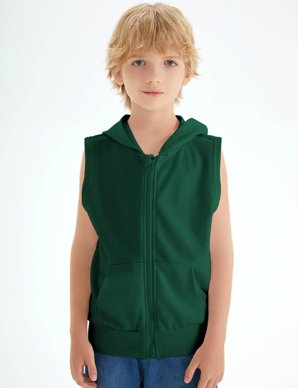 Spring&Gege Boys Full Zip Sleeveless Hooded Vest Basic Zipper Tank Tops Sweatshirt with Pockets