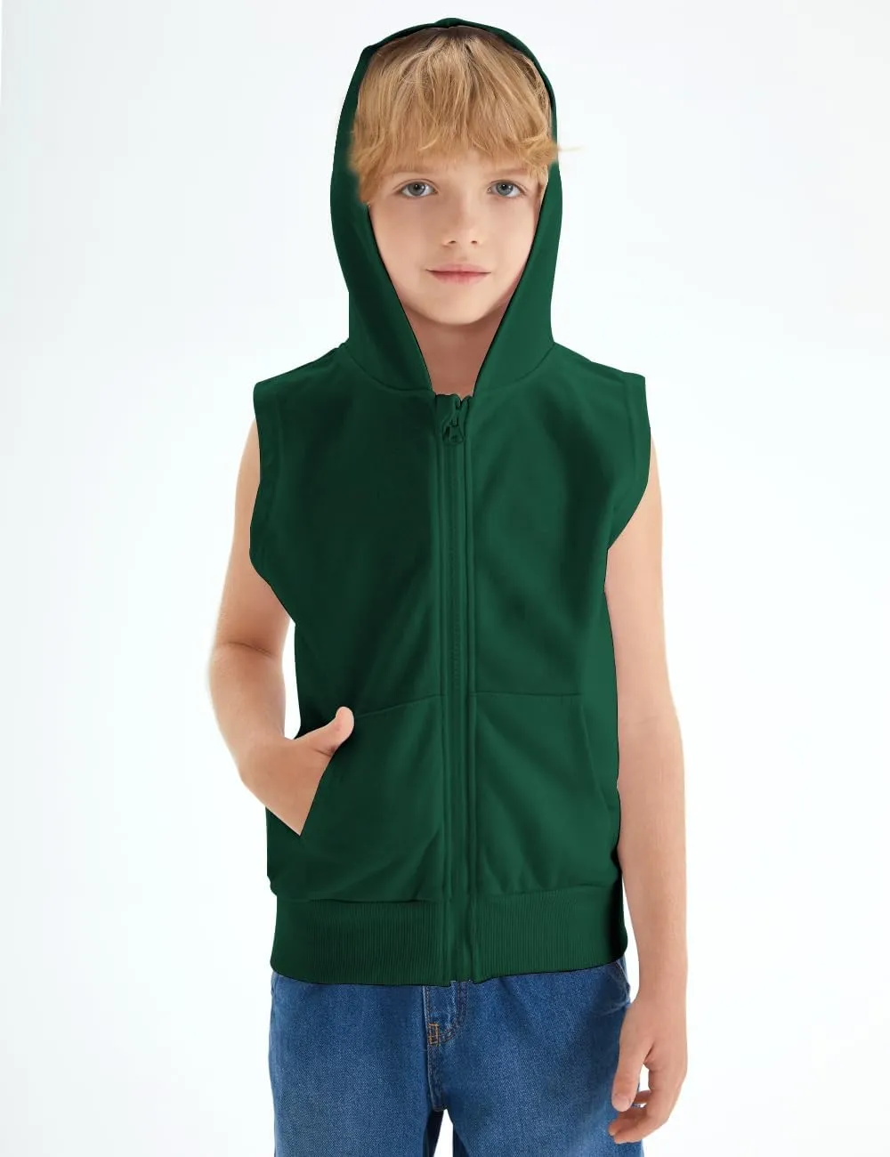 Spring&Gege Boys Full Zip Sleeveless Hooded Vest Basic Zipper Tank Tops Sweatshirt with Pockets