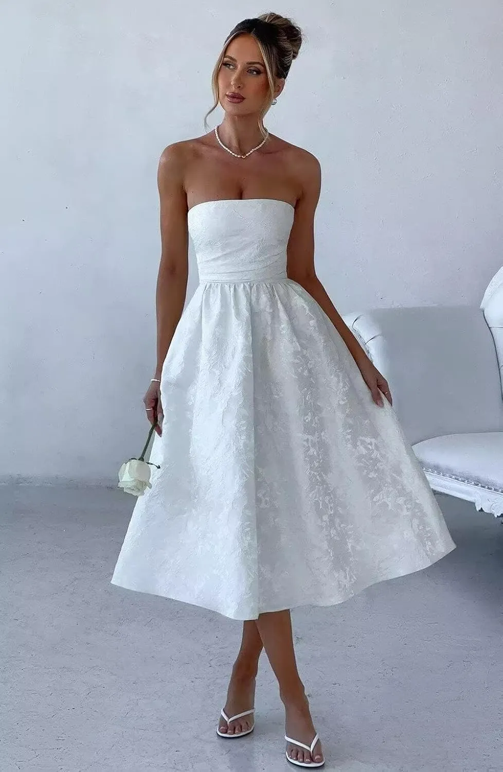 Strapless Jacquard Floral Prom Dresses Satin Corset Wedding Dress Midi Cocktail Pary Gown