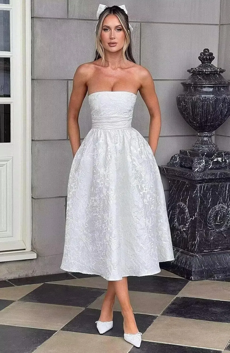 Strapless Jacquard Floral Prom Dresses Satin Corset Wedding Dress Midi Cocktail Pary Gown