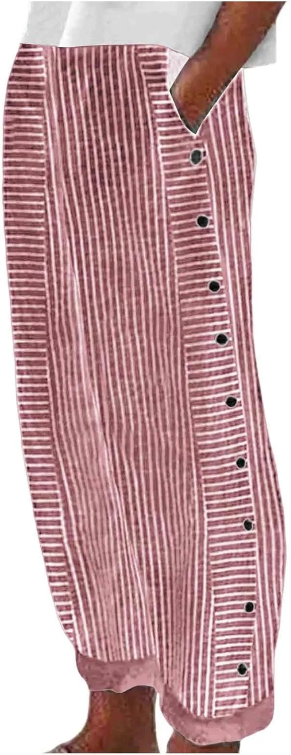 Striped Pants for Women Side Button Baggy Elastic Waist Straight Leg Trousers Beach Casual Pants with Pockets