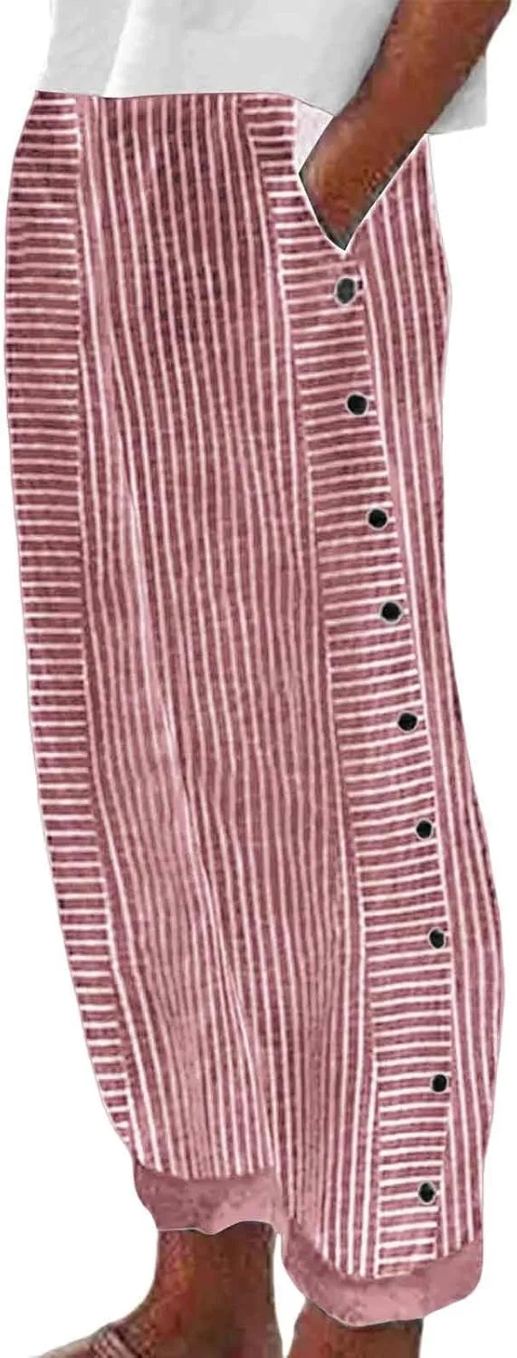 Striped Pants for Women Side Button Baggy Elastic Waist Straight Leg Trousers Beach Casual Pants with Pockets