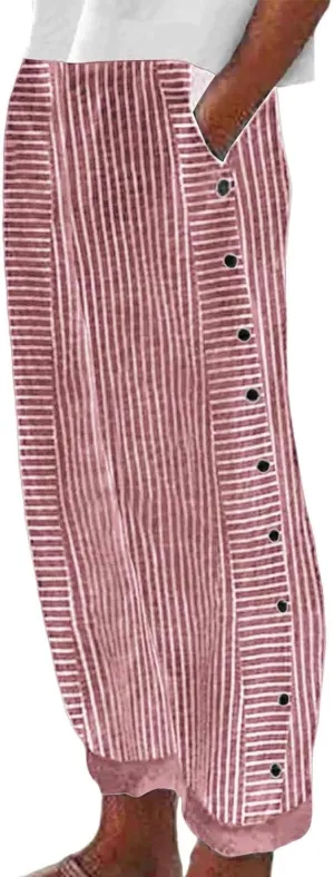 Striped Pants for Women Side Button Baggy Elastic Waist Straight Leg Trousers Beach Casual Pants with Pockets