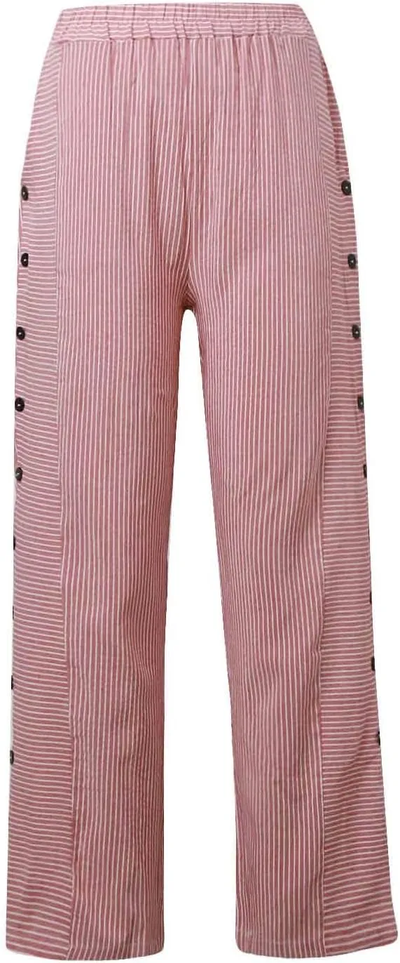 Striped Pants for Women Side Button Baggy Elastic Waist Straight Leg Trousers Beach Casual Pants with Pockets