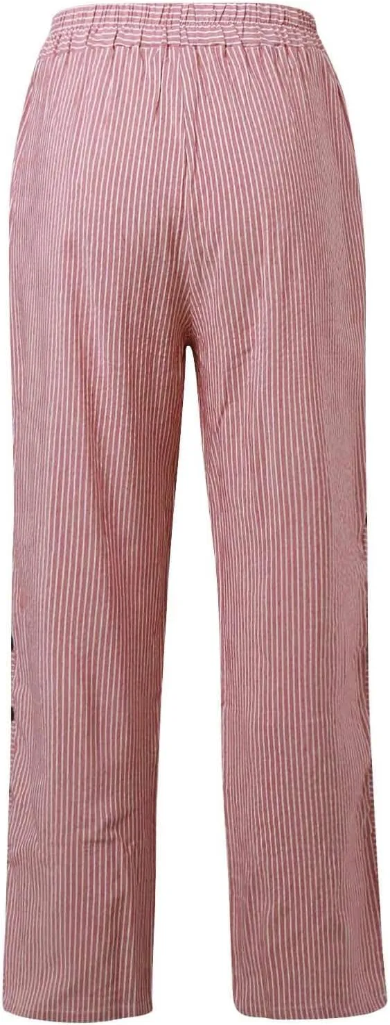 Striped Pants for Women Side Button Baggy Elastic Waist Straight Leg Trousers Beach Casual Pants with Pockets
