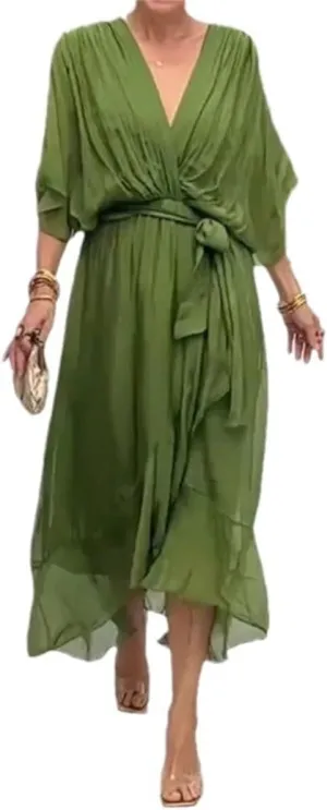 Stylish and Elegant V-Neck Maxi Dress, Artistic Style Loose Chiffon Long Dress, Formal Evening Gowns Bride Dress Skirt