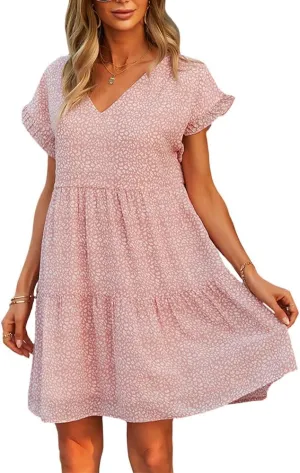 Summer Casual Midi Dress for Women Ruffle Short Sleeve Cute V Neck Dress Wedding Guest Tiered Pleated Smocked Dress