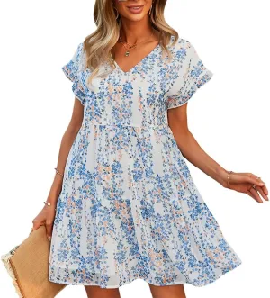 Summer Casual Midi Dress for Women Ruffle Short Sleeve Cute V Neck Dress Wedding Guest Tiered Pleated Smocked Dress