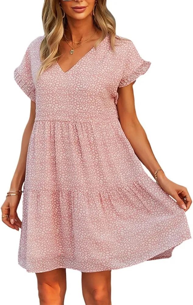 Summer Casual Midi Dress for Women Ruffle Short Sleeve Cute V Neck Dress Wedding Guest Tiered Pleated Smocked Dress