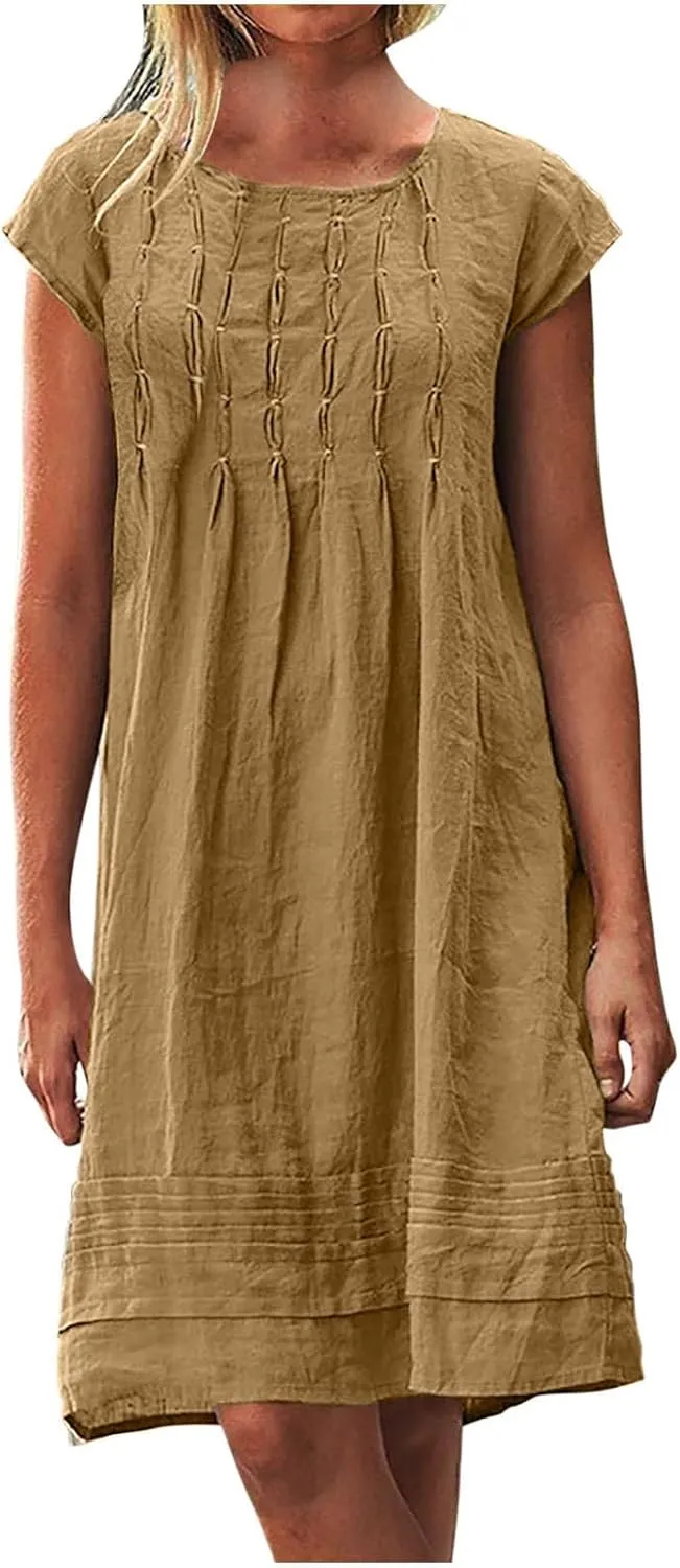 Summer Dress Womens Casual Short Sleeve Cotton Linen Dress Sundress Beach Mini Dresses for Women 2025 Trendy