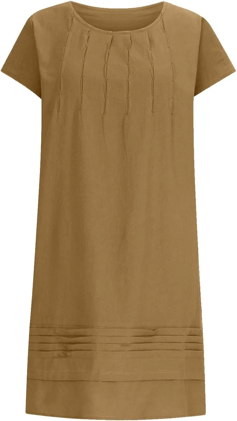 Summer Dress Womens Casual Short Sleeve Cotton Linen Dress Sundress Beach Mini Dresses for Women 2025 Trendy